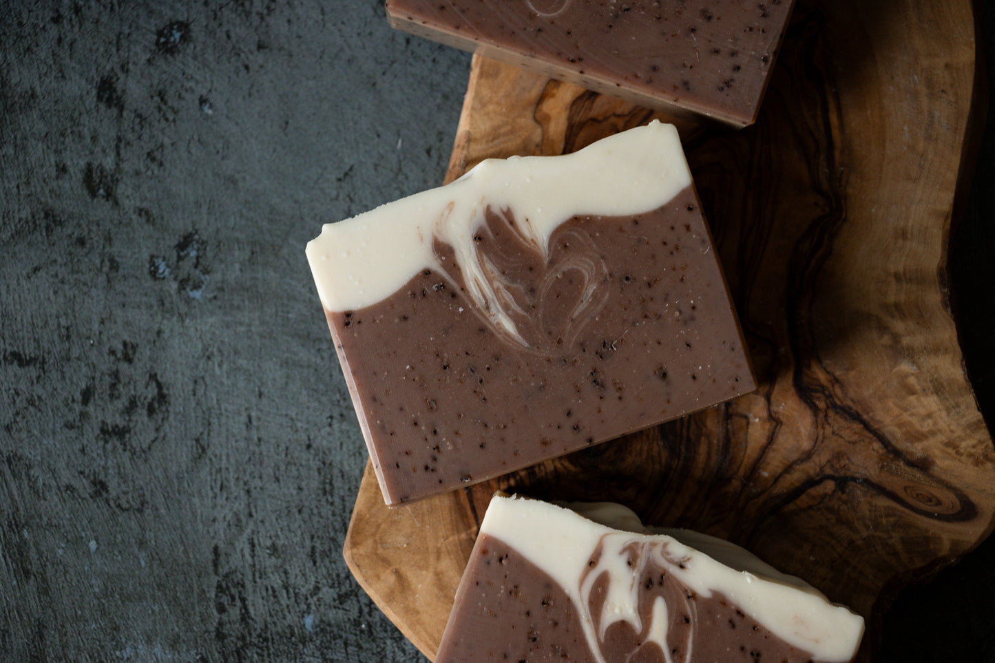 Oat milk bar soap with coffee grounds brown and white