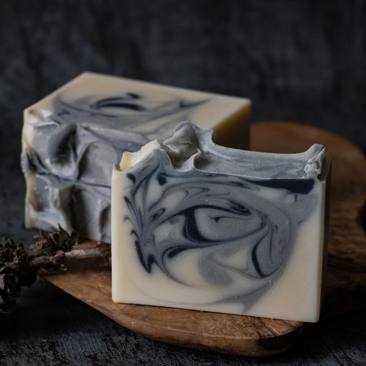 white soap with grey and black swirl