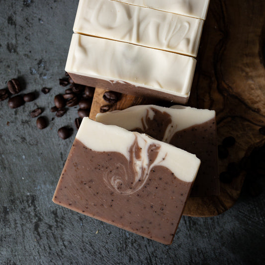 Oat milk bar soap with coffee grounds brown and white