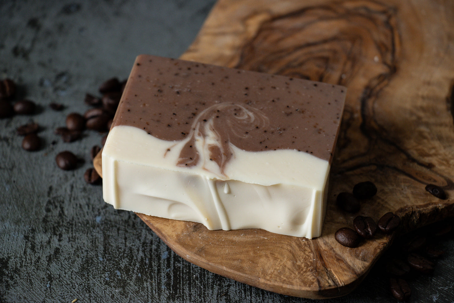 Oat milk bar soap with coffee grounds brown and white