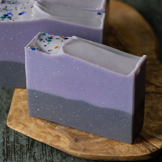 grape oatmilk soap with biodegradable glitter